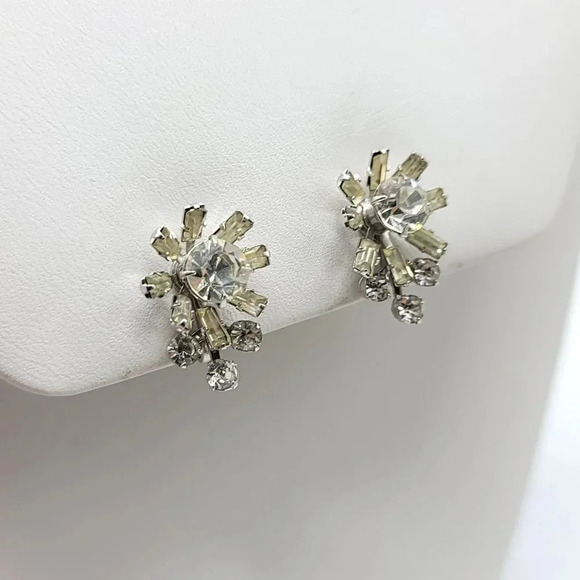 Coro Silver Tone Rhinestone Floral Adjustable Screwback Earrings Vintage - Picture 2 of 5
